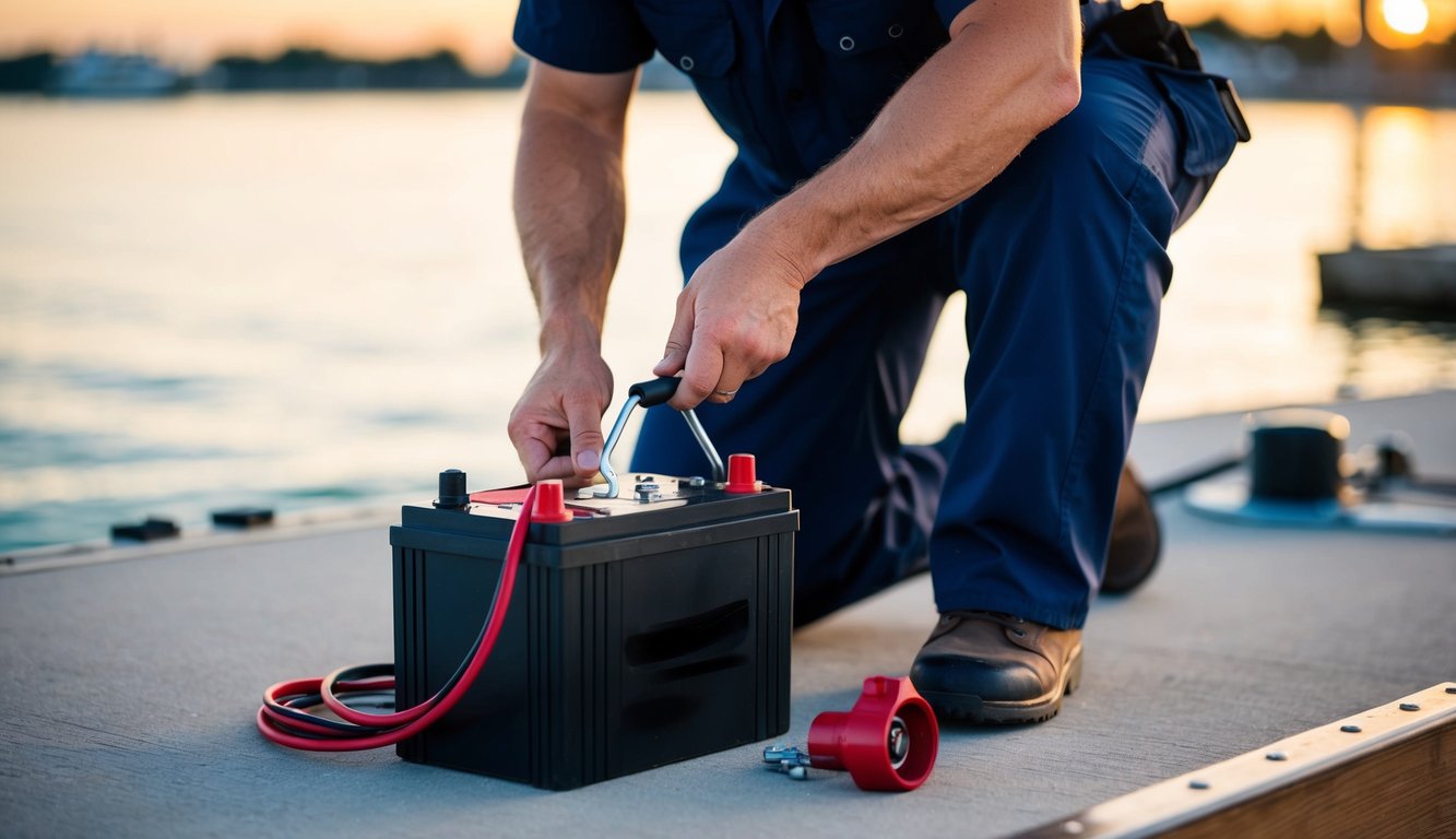 A mechanic disconnects and secures a boat battery on a dock
