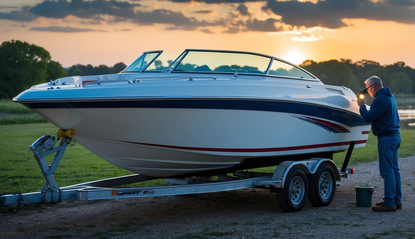 A speed boat sits on a trailer, with a person inspecting the hull for damage and cracks using a flashlight and a magnifying glass