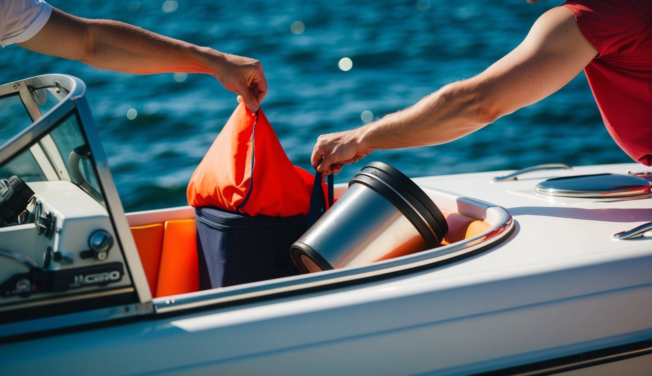 Loose items being secured inside a speedboat before relocation