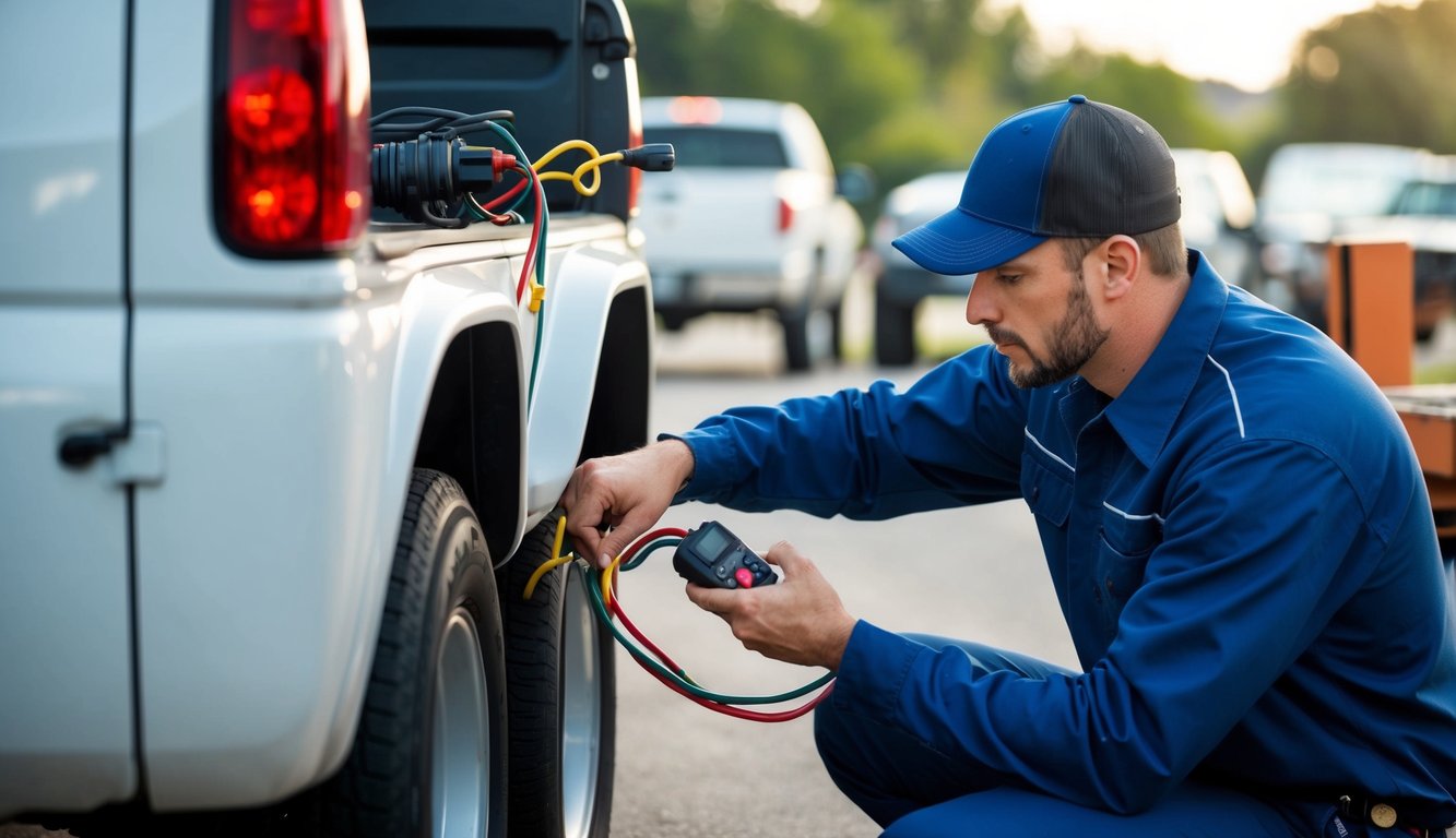 A mechanic checks and secures trailer wiring and lights