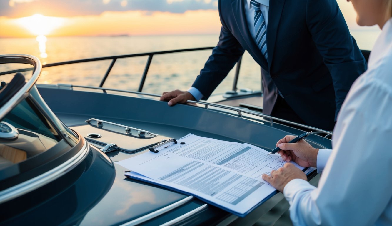 A speed boat being inspected by an insurance agent, with paperwork and documents being reviewed for cargo and commercial liability coverage
