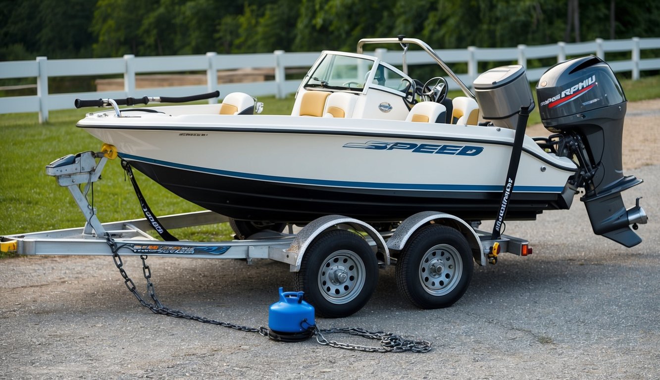 A speed boat being securely fastened to a trailer with proper tie-down straps and safety chains. The boat's engine cover is open, and a fuel tank is being loaded onto the boat