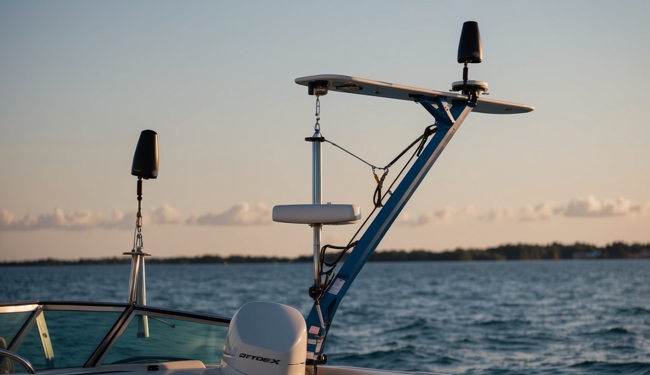 Antennas being lowered and secured on a speed boat for transport