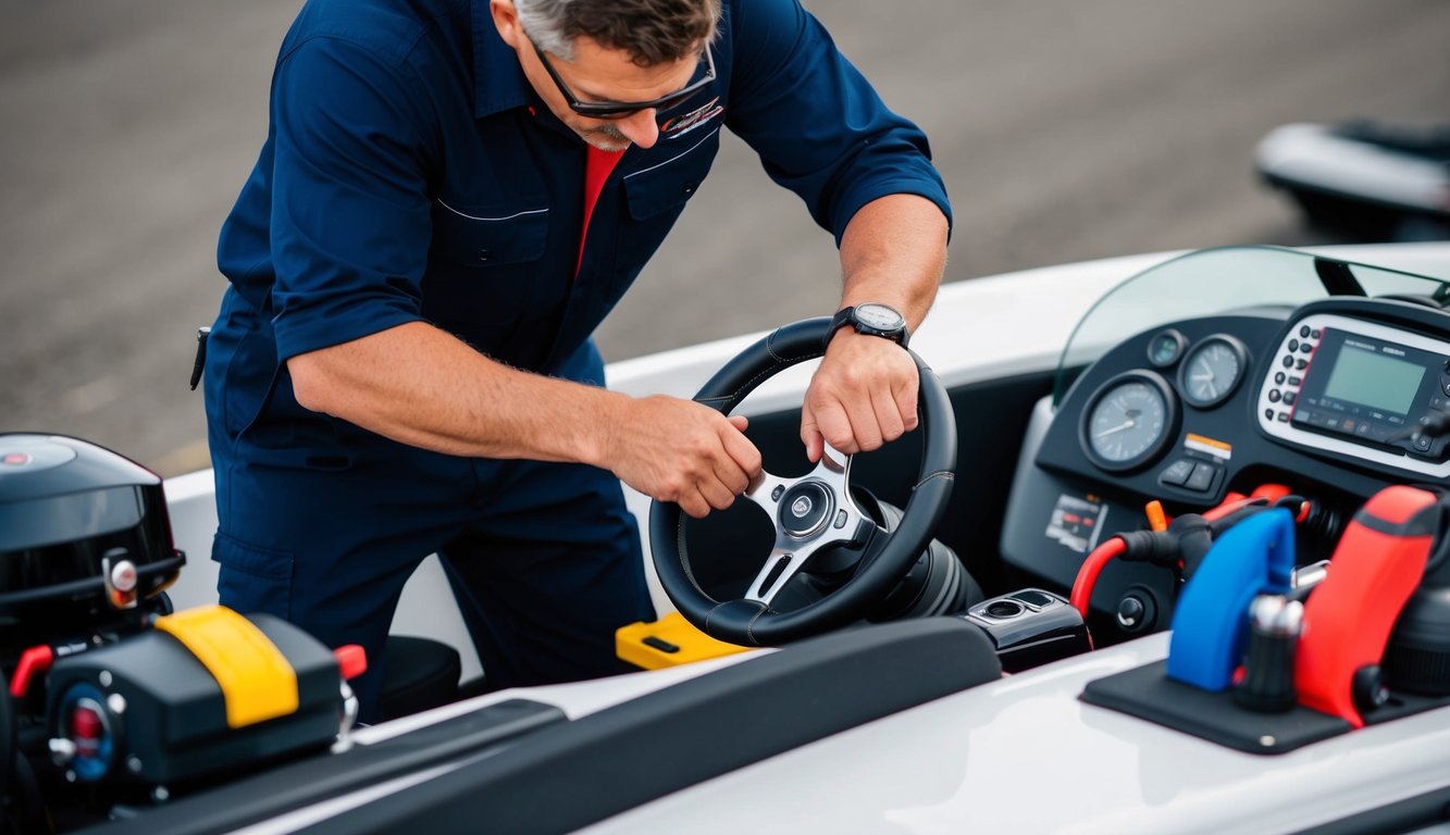 A mechanic adjusting the steering and throttle systems on a speed boat, surrounded by tools and equipment