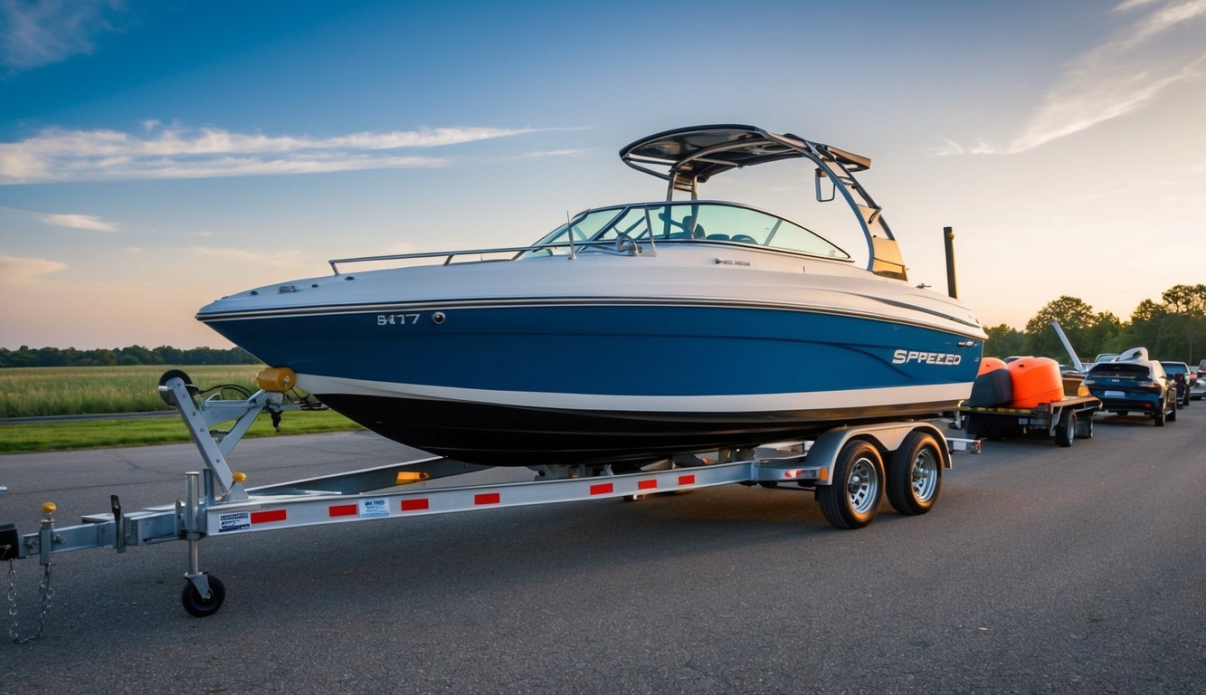 A speed boat being securely loaded onto a trailer with proper tie-downs and safety equipment visible nearby