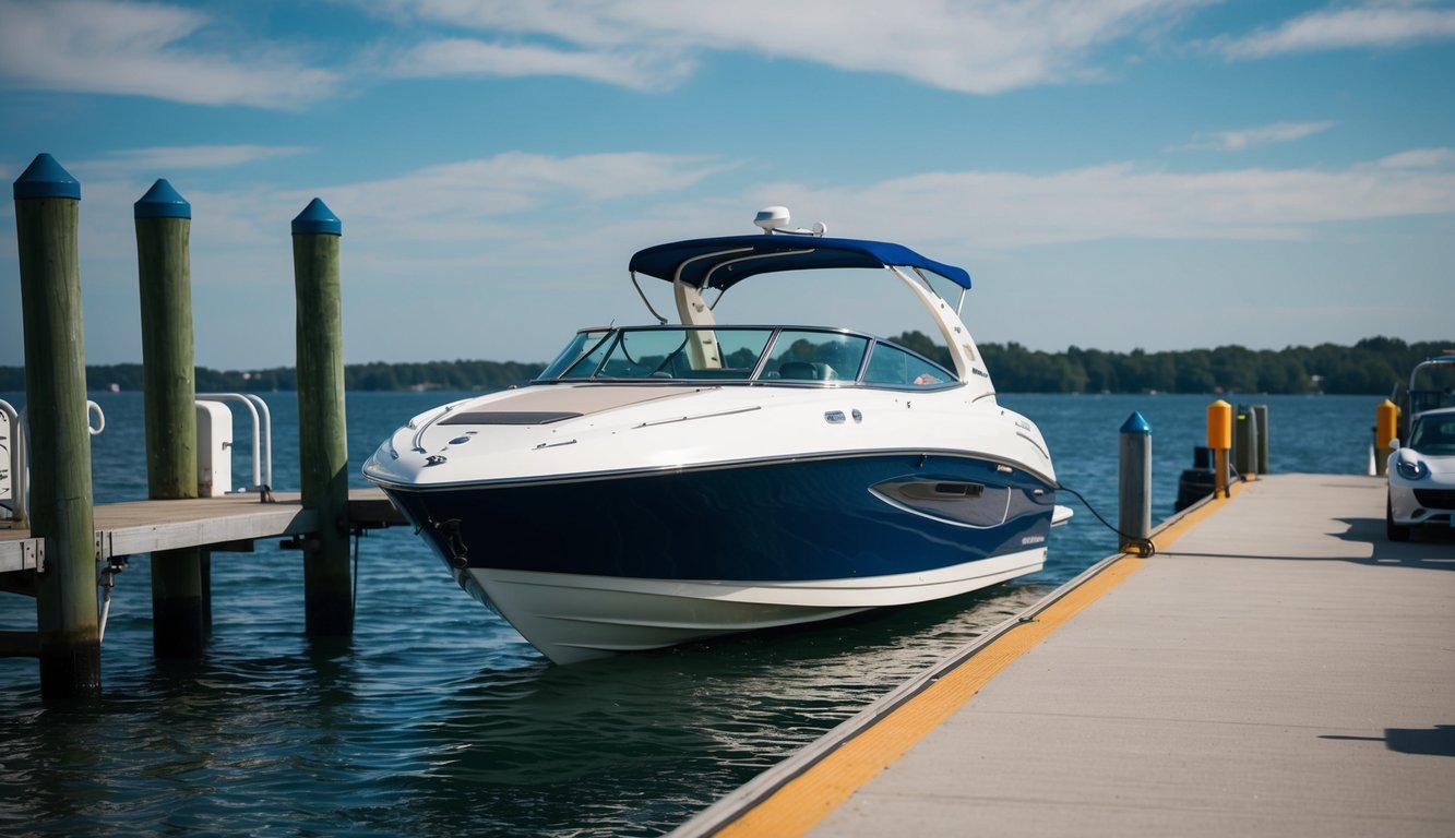 A speed boat docked at a pier with a clear pathway for pickup