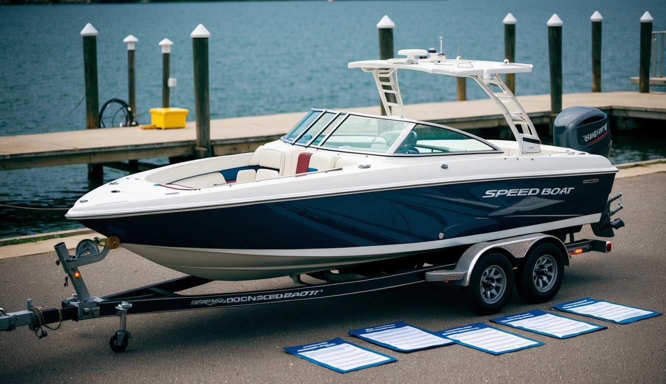 A speed boat parked on a trailer, surrounded by a checklist of items for a post-move inspection. The boat is positioned near a body of water, with a dock in the background