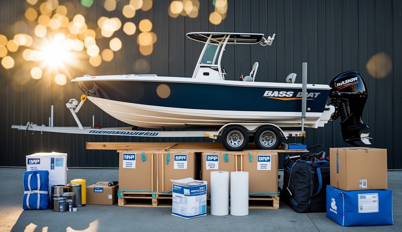 A bass boat being loaded onto a shipping crate, surrounded by various shipping supplies and equipment