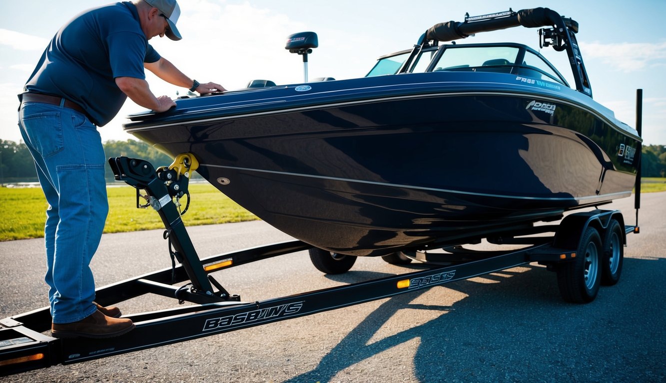 A bass boat being carefully loaded onto a trailer, with a person double-checking the tie-down straps and inspecting the boat for any potential damage