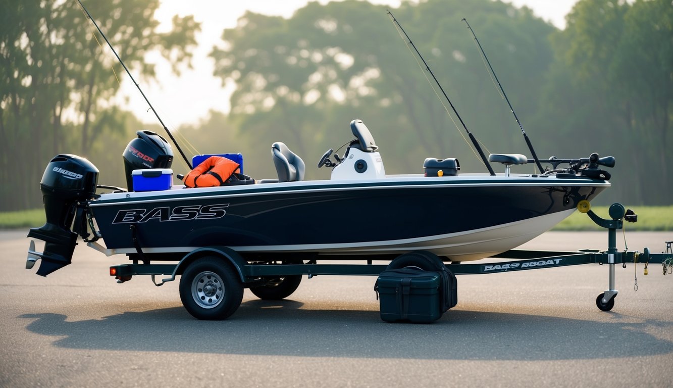 A bass boat sitting on a trailer, with loose items such as fishing rods, tackle boxes, and life jackets scattered around the boat. The items are not properly secured for shipping