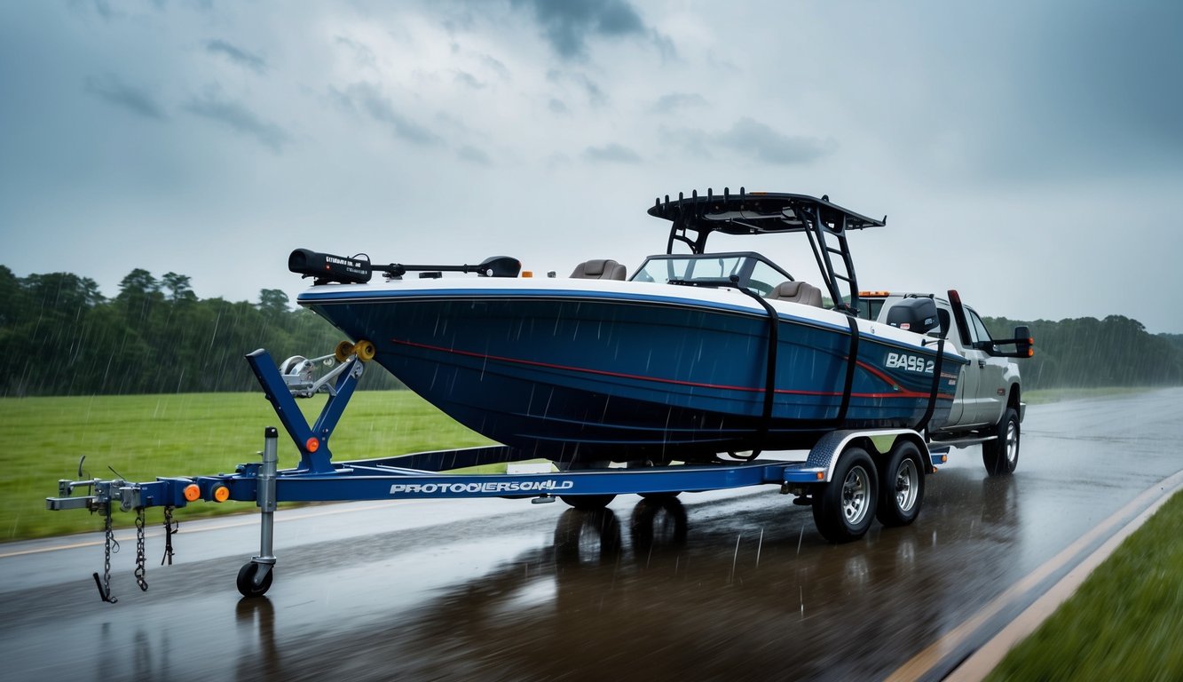 A bass boat being loaded onto a trailer in heavy rain, with the trailer hitched to a truck and the boat secured with straps and covers