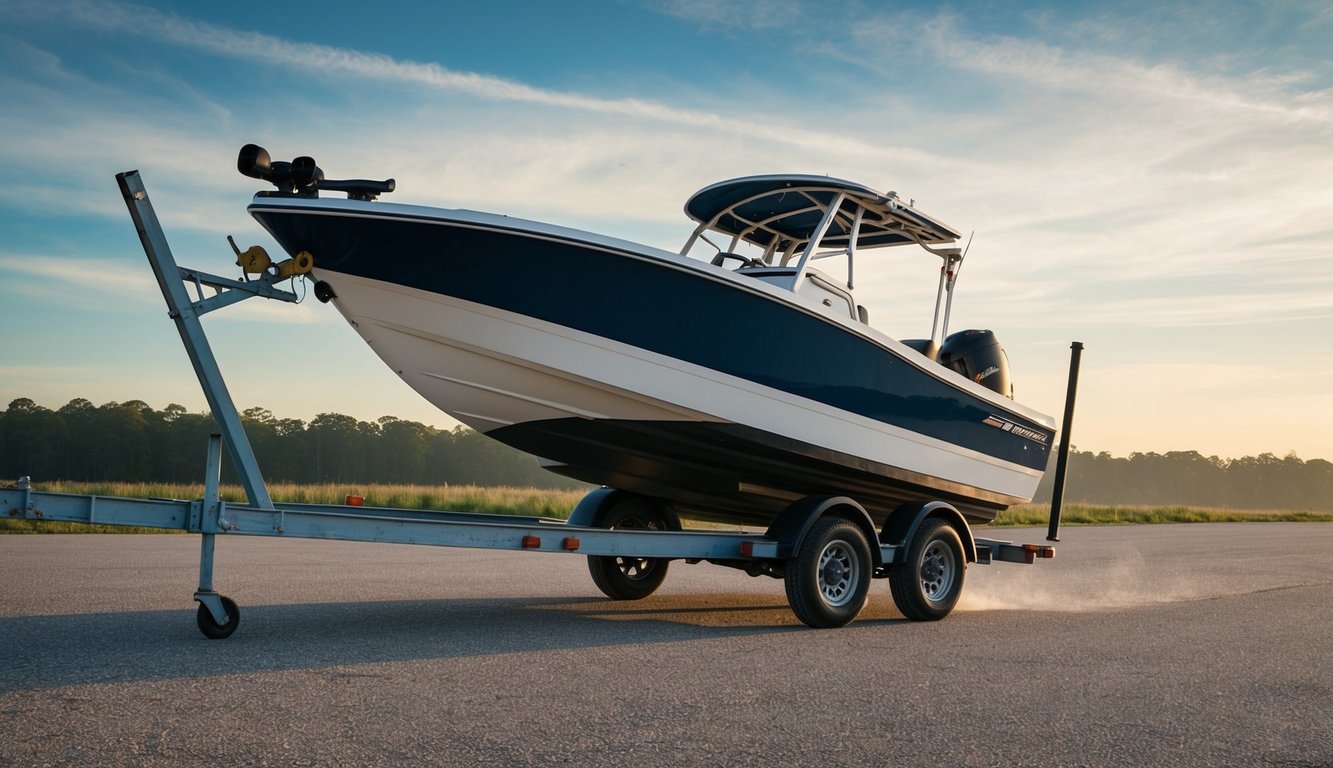 A bass boat being loaded onto a small, unstable trailer, causing it to tilt dangerously to one side