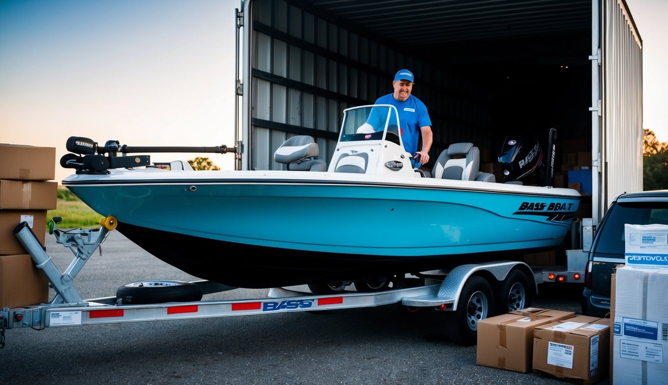 A person loading a bass boat onto a trailer, surrounded by various shipping materials and packages. The boat is not properly secured and local regulations are being overlooked