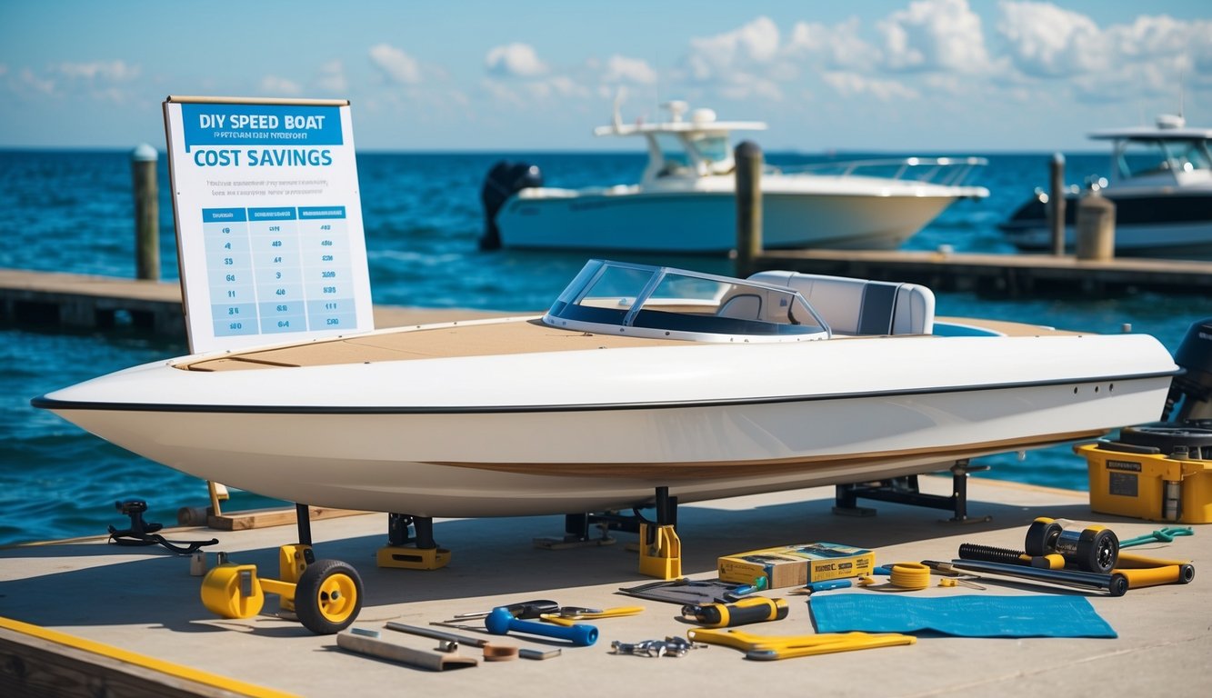A DIY speed boat being assembled on a sunny dock, surrounded by tools, materials, and a cost savings chart. Waves and other boats in the background