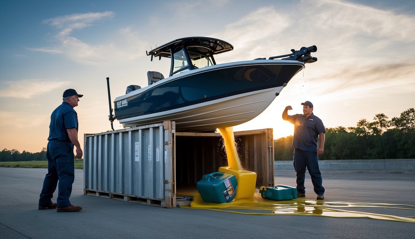A bass boat being loaded onto a shipping crate with excess fuel spilling out, while workers look on in frustration