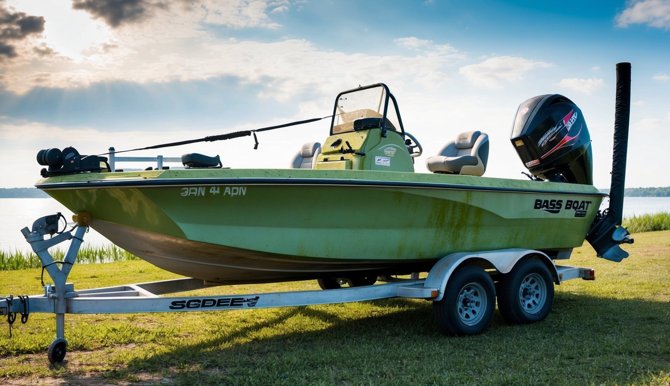 A bass boat sits on a trailer, its hull covered in algae and its motor showing signs of neglect. The trailer tires are worn and the boat's tie-down straps are frayed