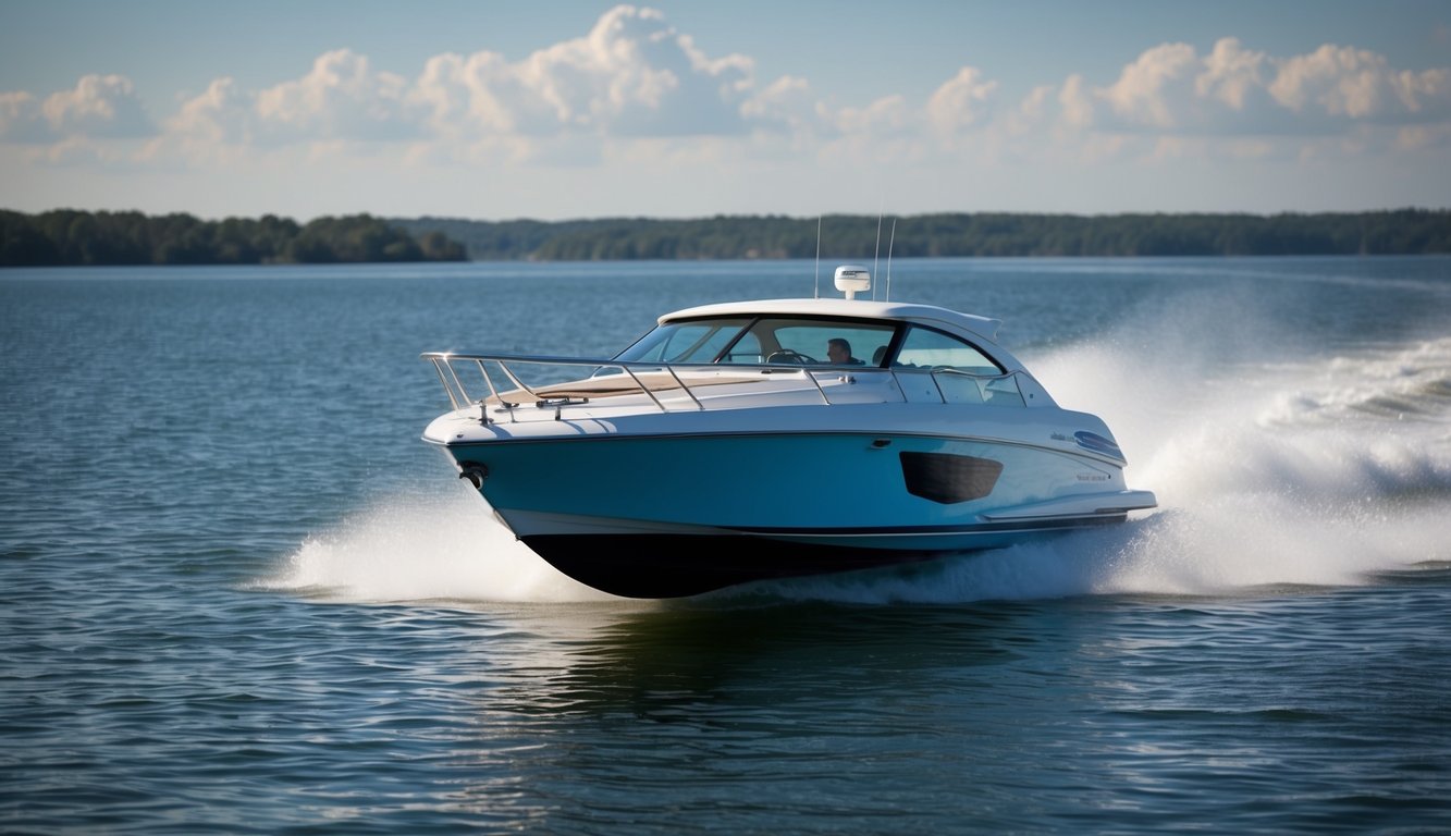 A speed boat navigating through calm waters with a flexible schedule, showcasing the advantages and drawbacks of DIY transport