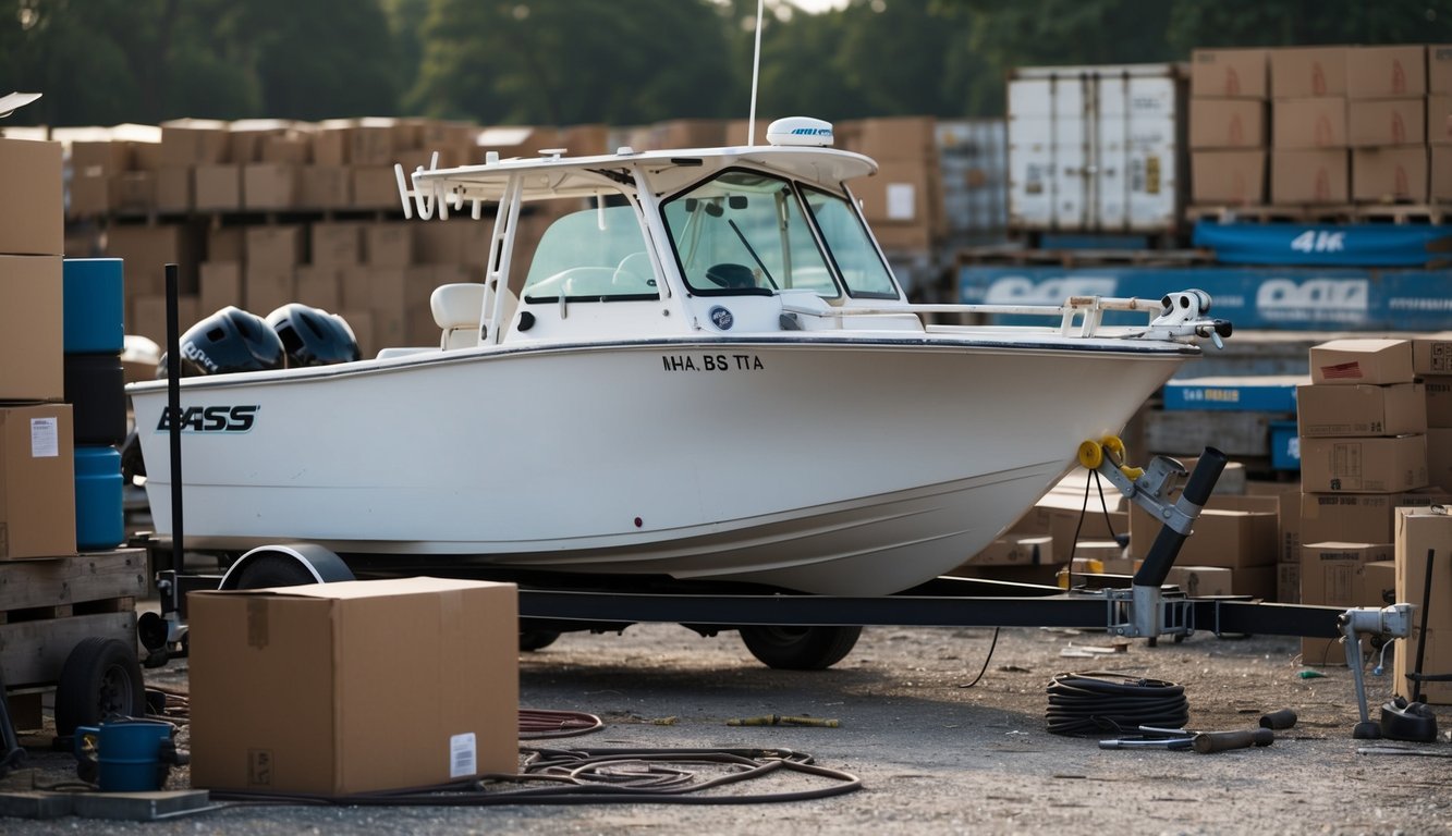 A bass boat with visible damage and neglect, surrounded by shipping supplies and tools