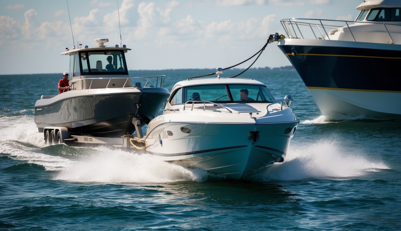 A speed boat being towed by a larger vessel, showcasing the process of boat towing techniques
