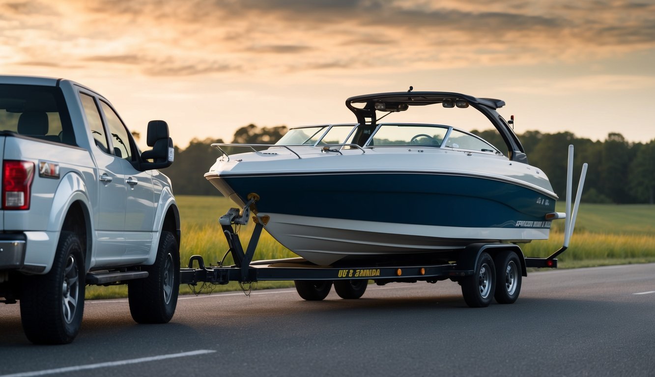 A speed boat being towed by a DIY vehicle, with potential for damage