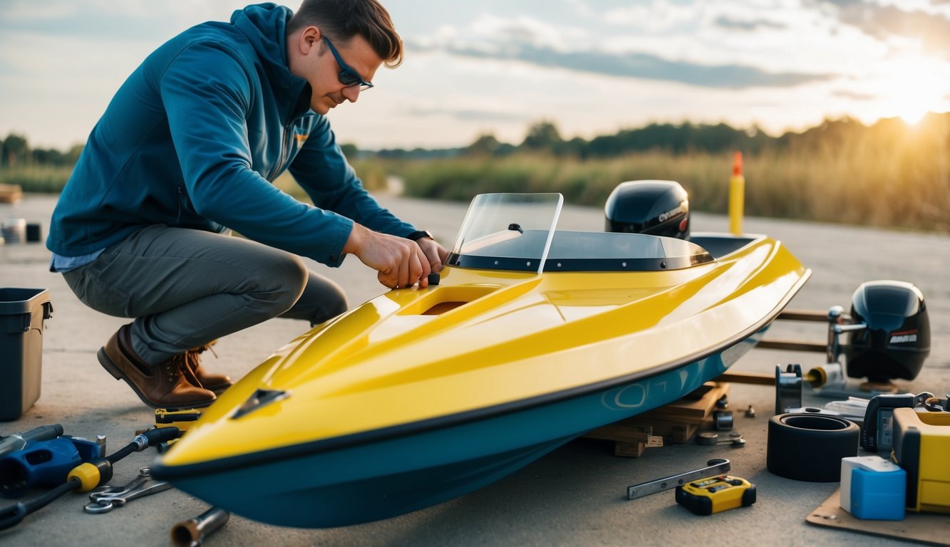 A person assembling a speed boat with tools and parts scattered around, weighing the benefits and drawbacks of DIY transport customization