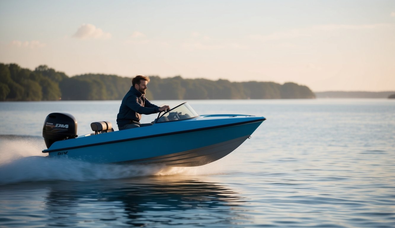 A person effortlessly steering a DIY speed boat through calm waters, with a clear schedule and freedom to explore
