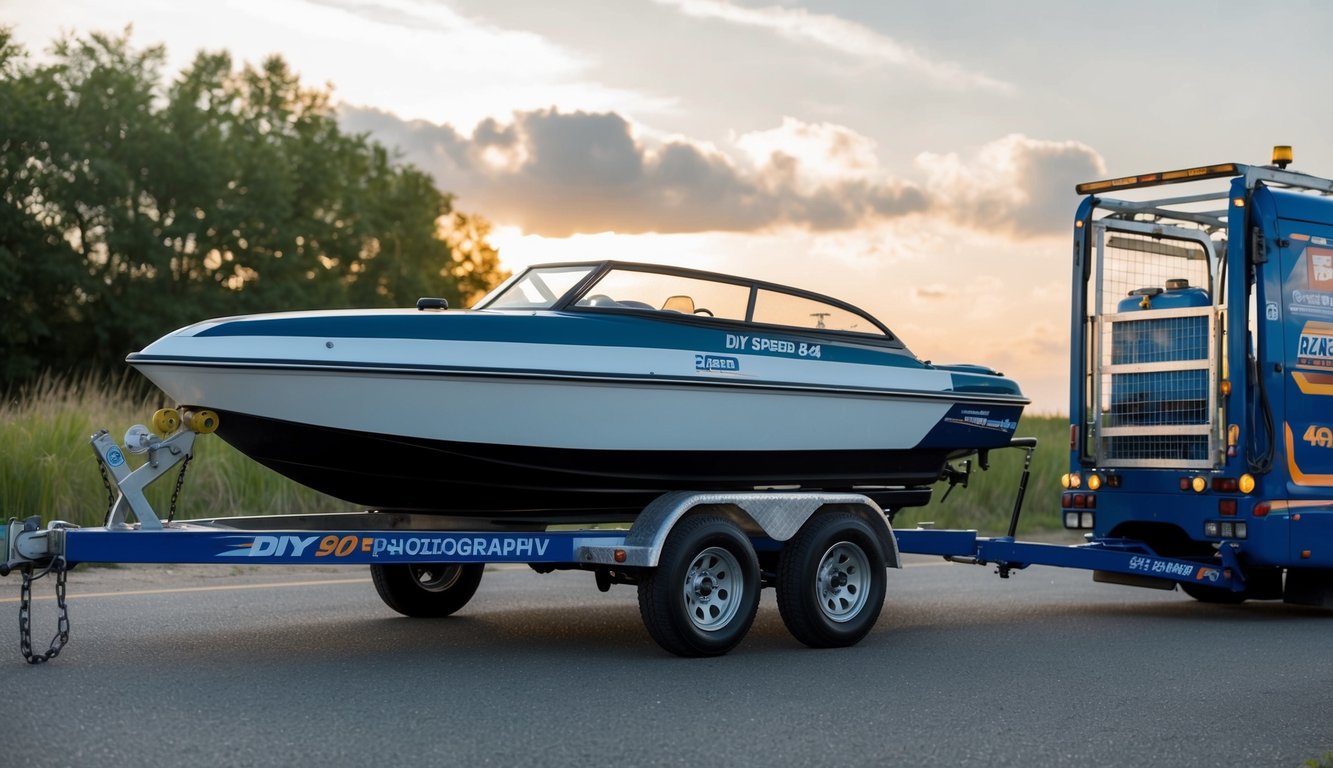 A DIY speed boat being towed by a specialized transport vehicle, highlighting the convenience and potential risks of using homemade watercraft