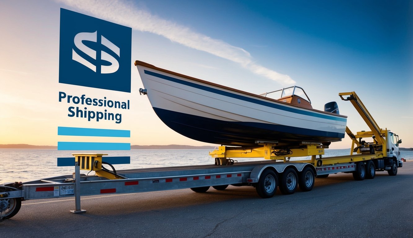 A dinghy boat being loaded onto a trailer for transport, with a professional shipping company logo displayed prominently