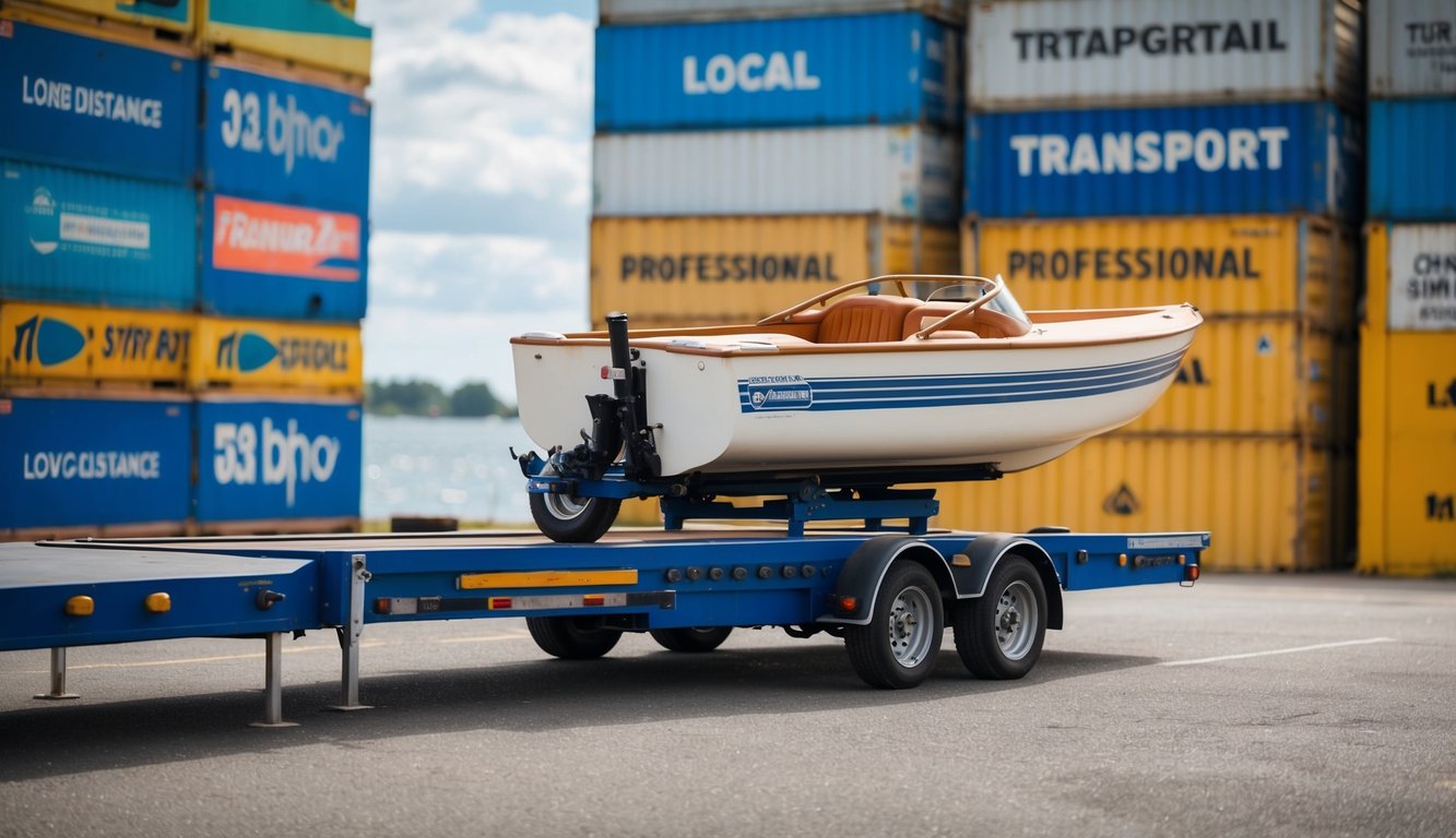 A dinghy being loaded onto a trailer by a professional transport service, with a backdrop of both local and long-distance transport options
