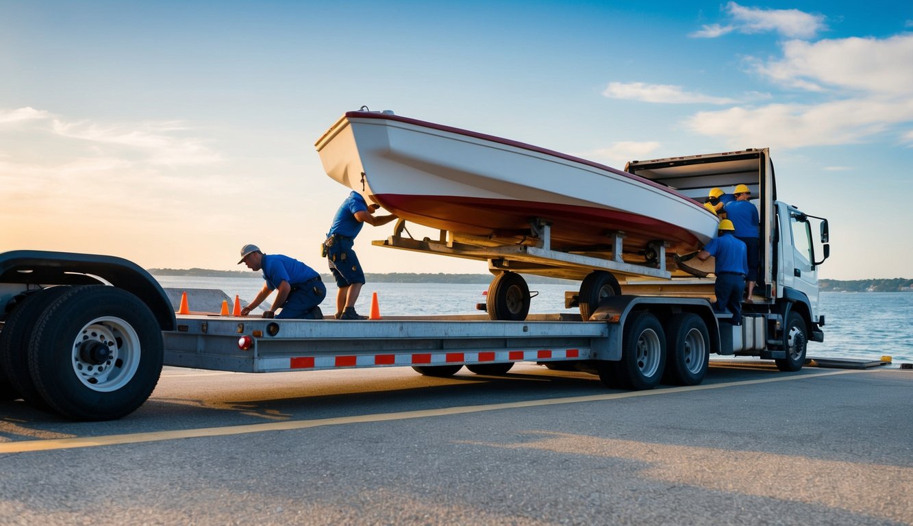 A dinghy being loaded onto a trailer by a group of workers at a dock. The trailer is attached to a truck, ready for transport