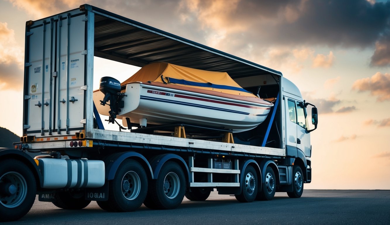 A dinghy being loaded onto a transport truck, with options for local and long-distance services