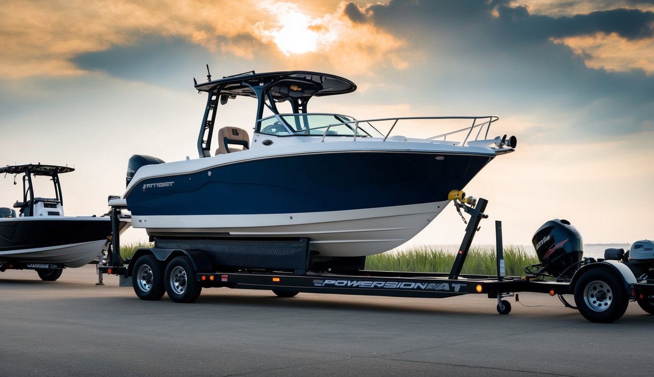 A powerboat being loaded onto a specialized transport trailer, with a bass boat in the background and various equipment nearby