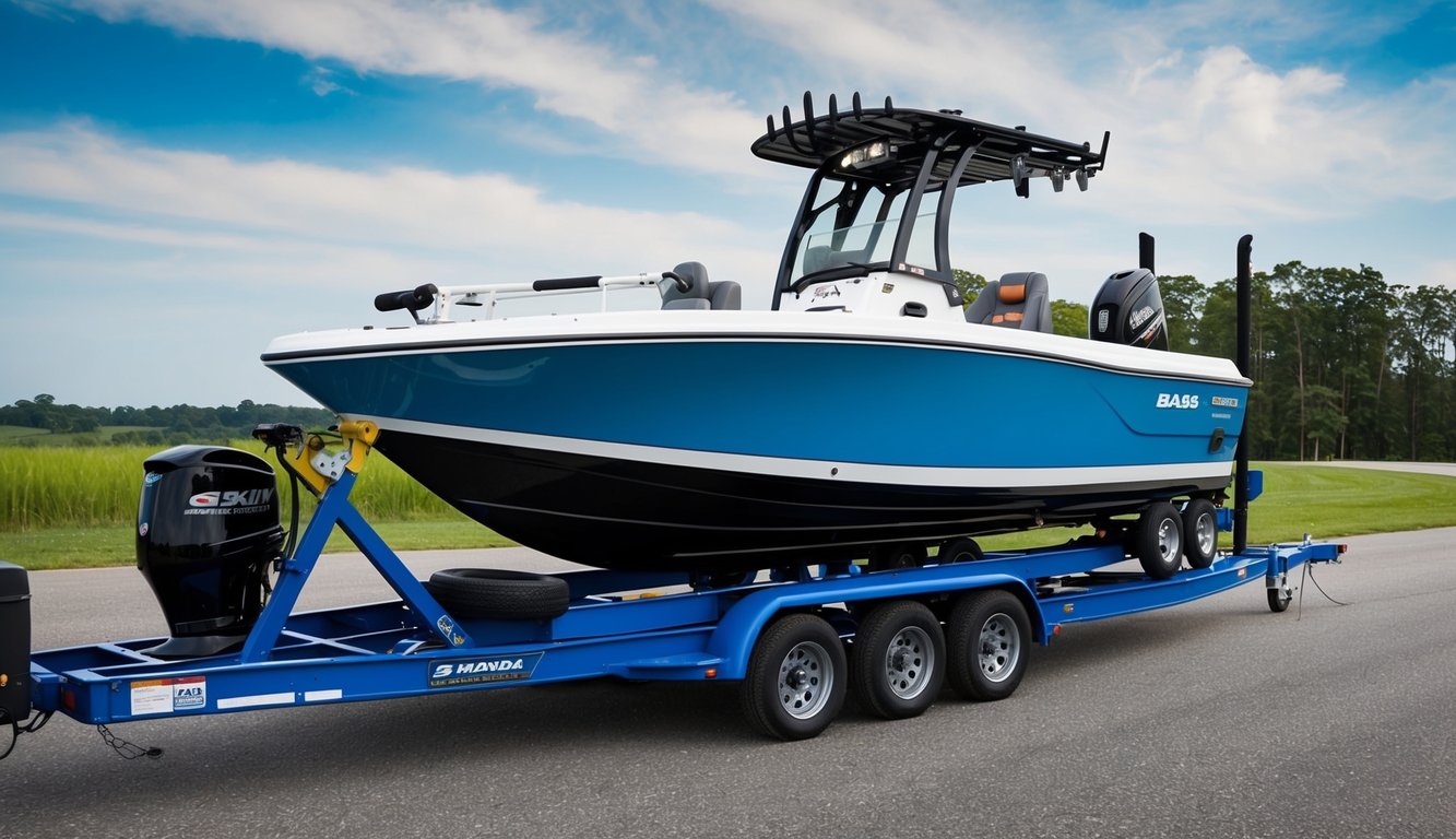 A bass boat being securely loaded onto a trailer by a professional transport service, ready for local or long-distance delivery