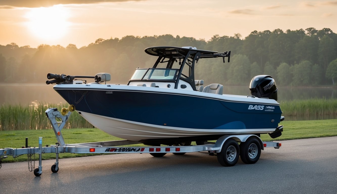 A bass boat being loaded onto a trailer, with options for local and long-distance transport services displayed