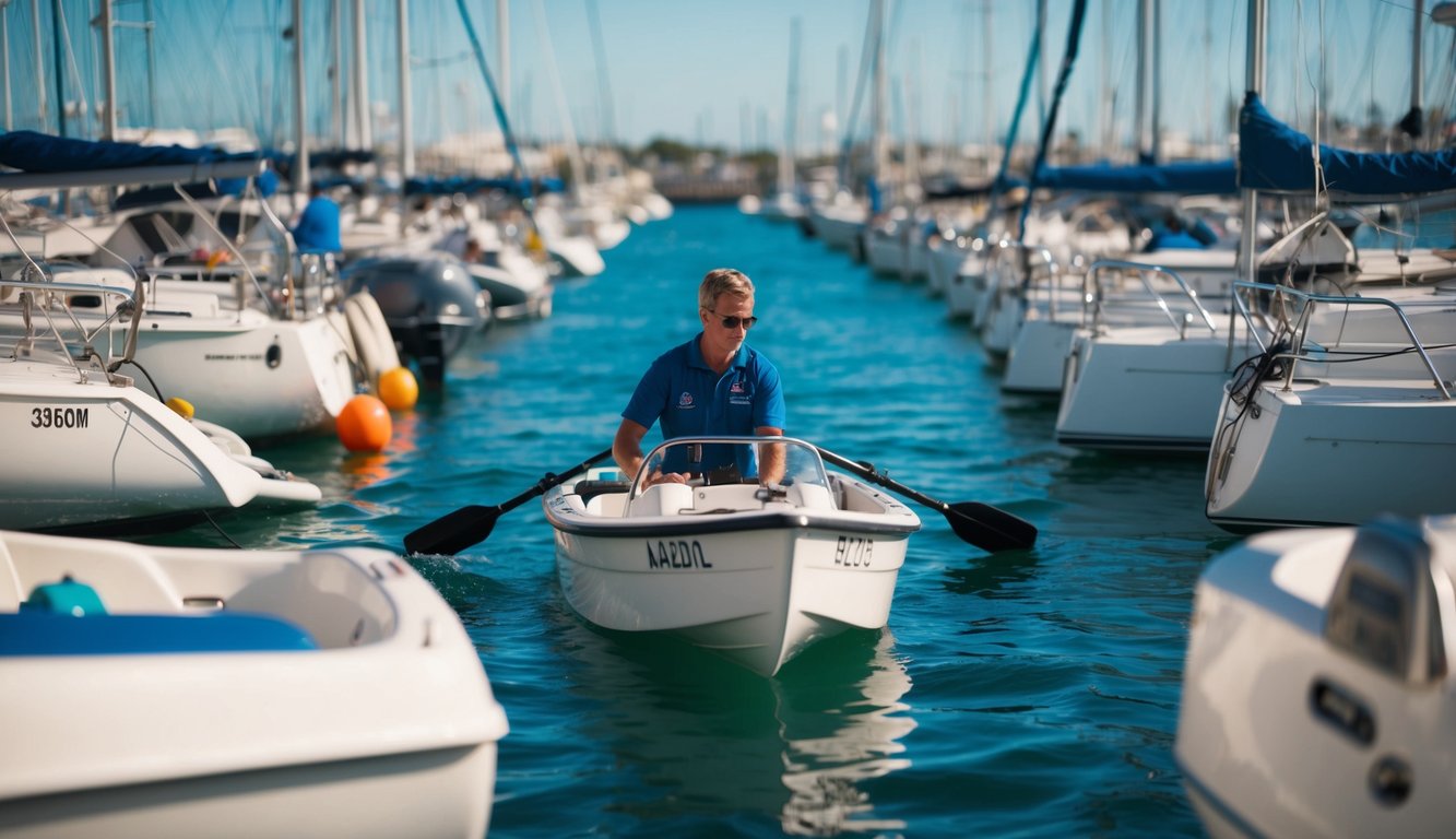 A person carefully maneuvering a dinghy through a crowded marina, while observing and adhering to local maritime regulations
