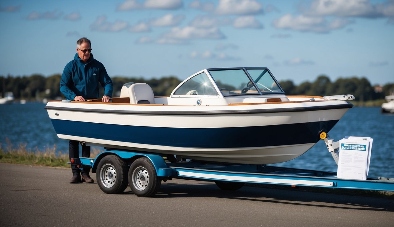 A dinghy being carefully loaded onto a trailer, with a person securing comprehensive boat insurance documents in the background