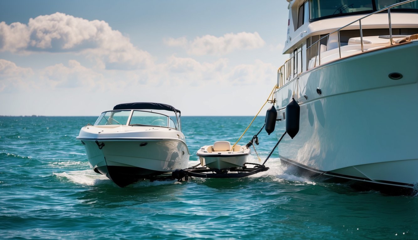 A boat being towed behind a larger vessel, with proper lines and distance between the two. The dinghy is securely attached and the towing process is smooth and safe