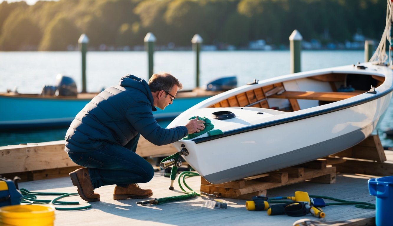 A person inspecting and cleaning a dinghy hull, with tools and equipment scattered around on a dock