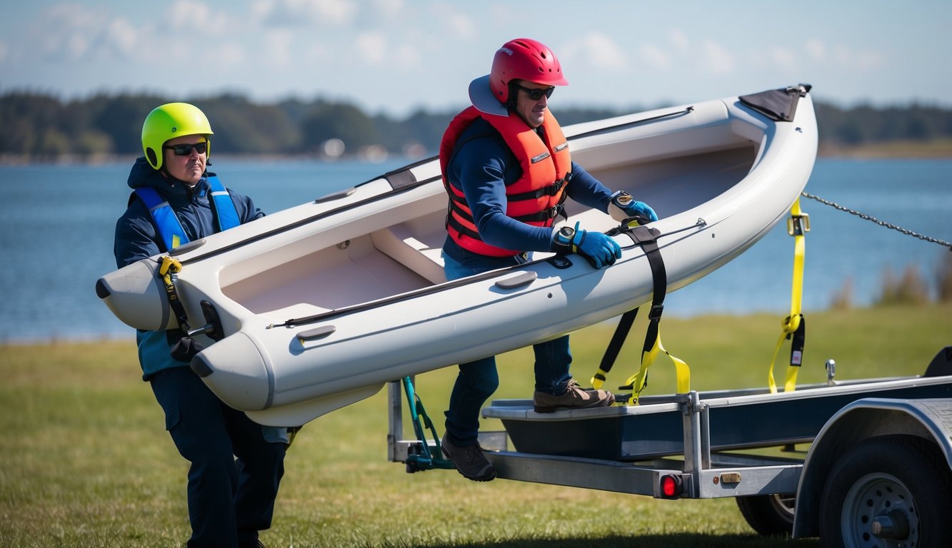A person wearing a life jacket, helmet, and gloves while moving a dinghy onto a trailer. The dinghy is securely strapped down with proper tie-downs