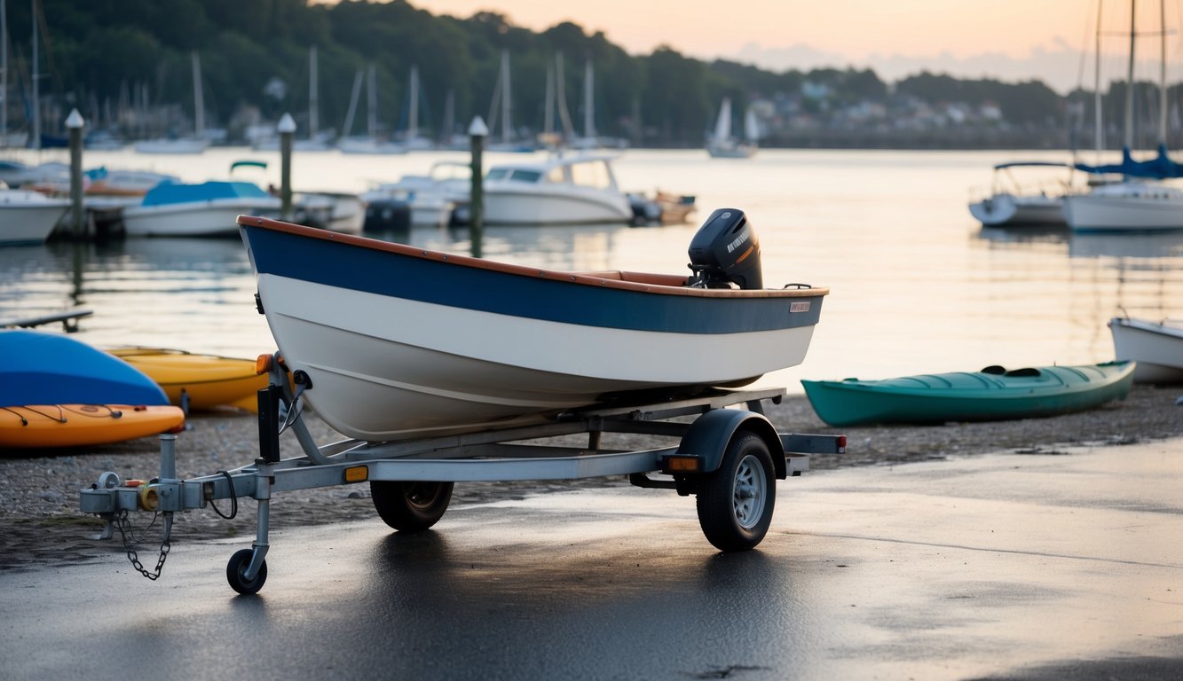 A dinghy being carefully loaded onto a trailer near a calm, picturesque waterfront with various types of boats and kayaks scattered around