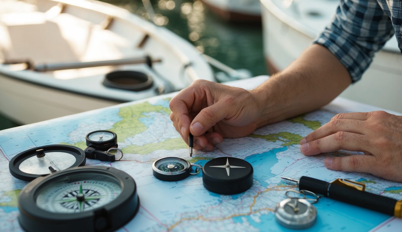 A person carefully mapping out a route for moving a dinghy, with a map, compass, and navigation tools spread out on a table