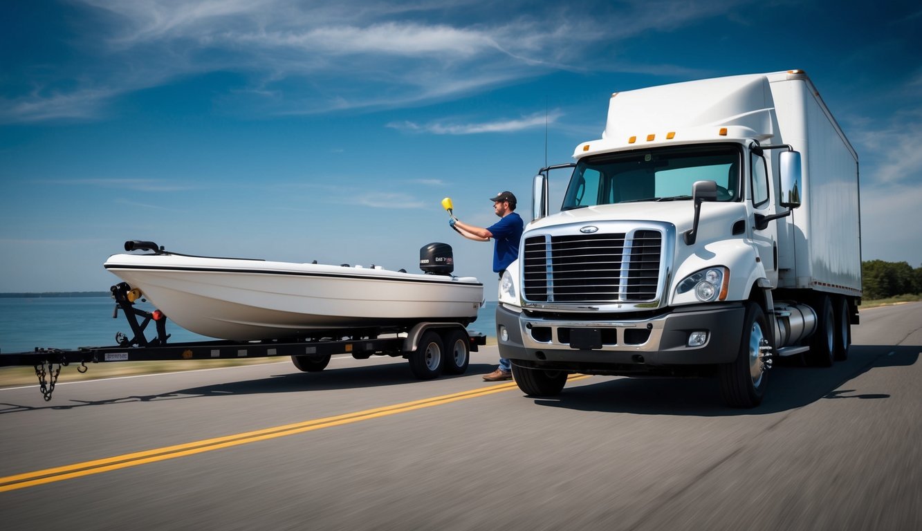 A moving truck towing a dinghy, with a person checking the hitch for compatibility