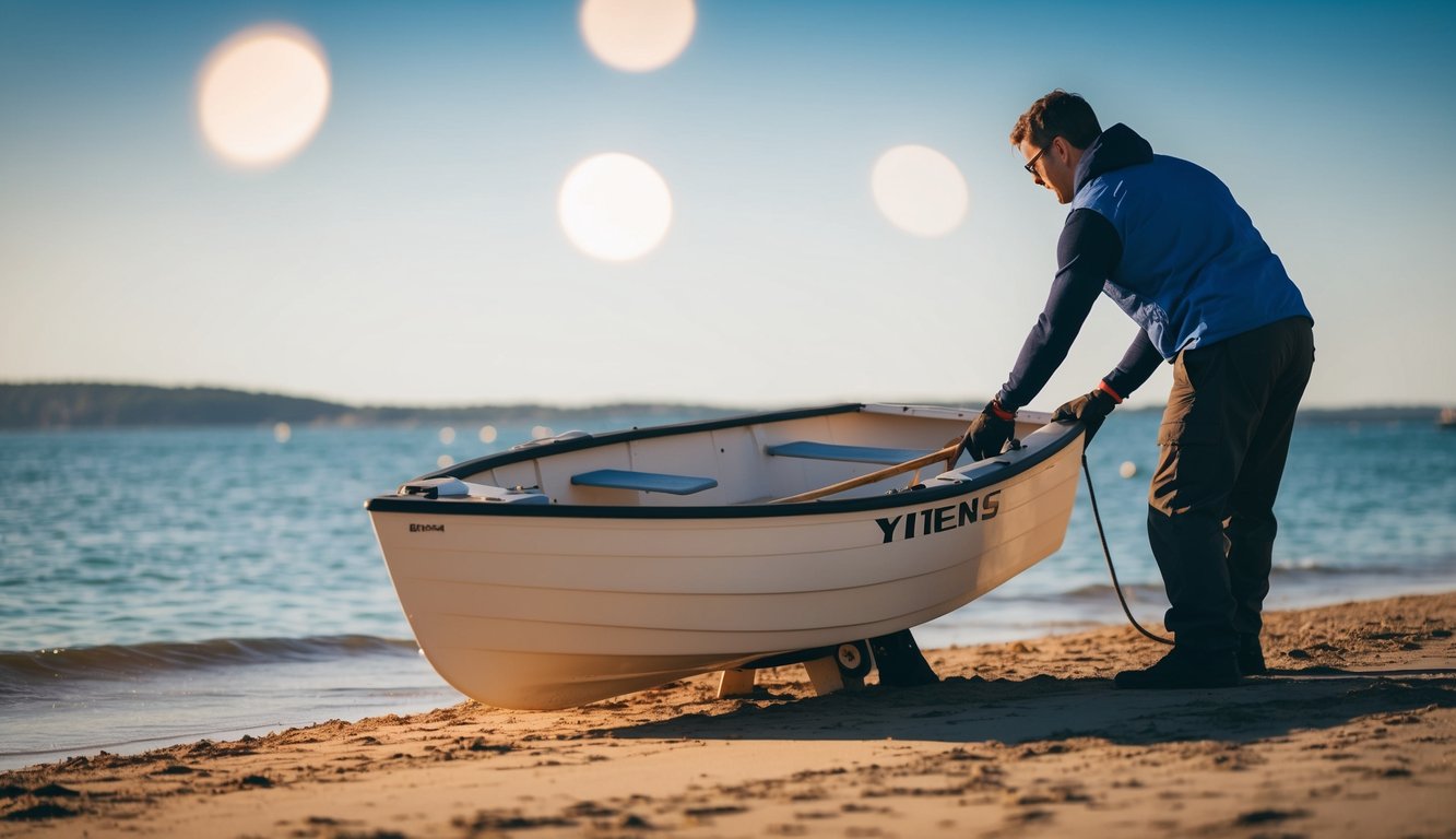 A person preparing to launch a dinghy from a beach, following proper procedures and safety measures