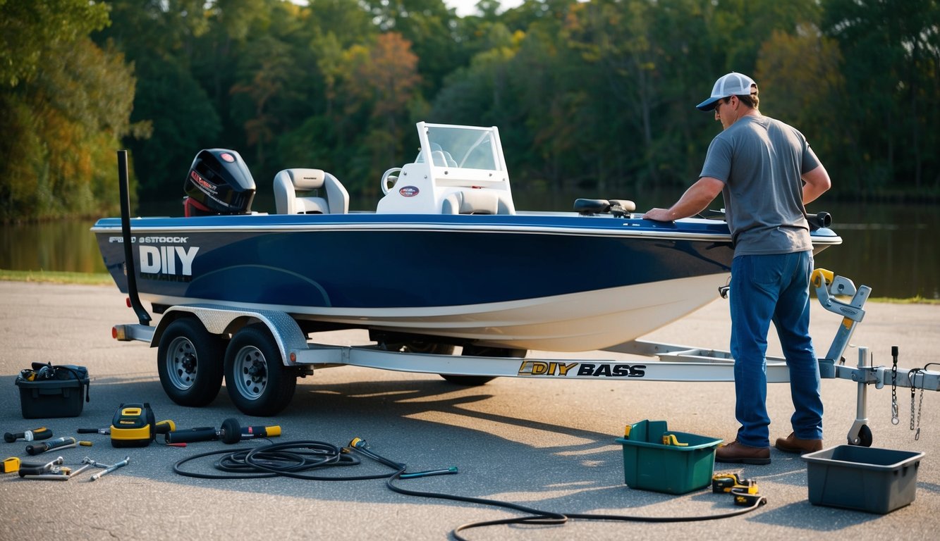 A person loading a DIY bass boat onto a trailer, with tools and equipment scattered around, weighing the pros and cons