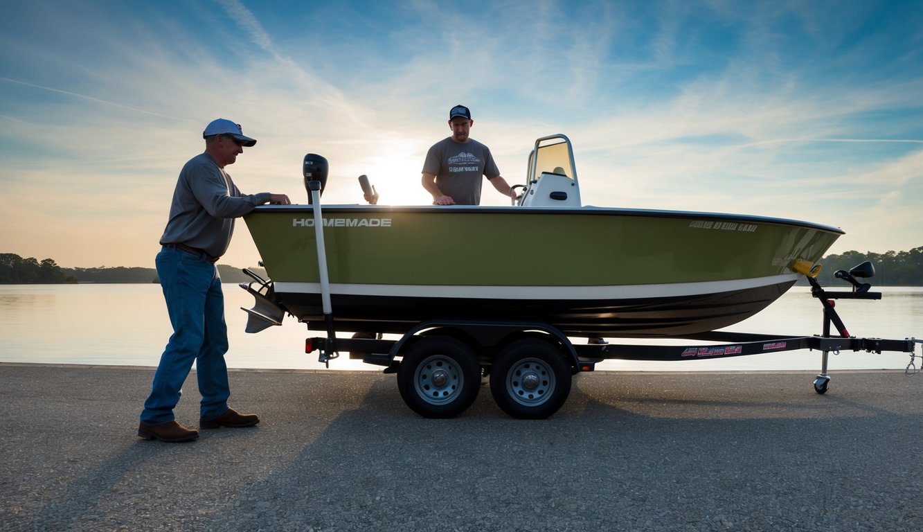 A person loading a homemade bass boat onto a trailer, showcasing the convenience of DIY transport but also the potential challenges and limitations