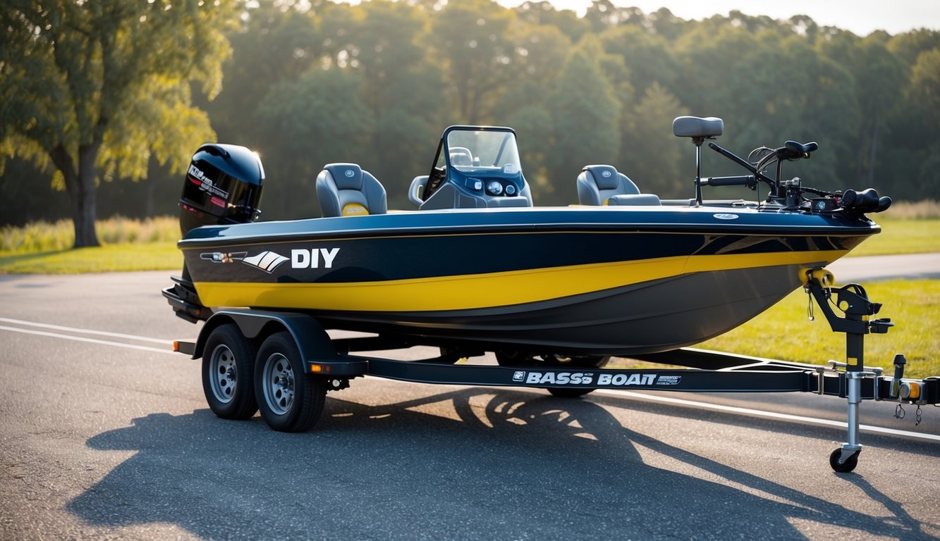 A DIY bass boat being transported on a trailer, with the boat securely strapped down and the trailer hitched to a vehicle