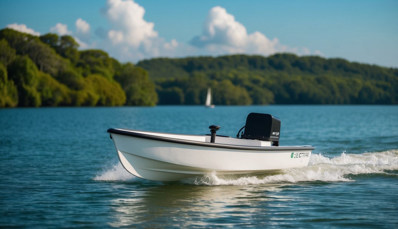 An electric dinghy glides across calm waters, surrounded by lush greenery and clear blue skies, emitting zero emissions and promoting eco-friendly shipping options