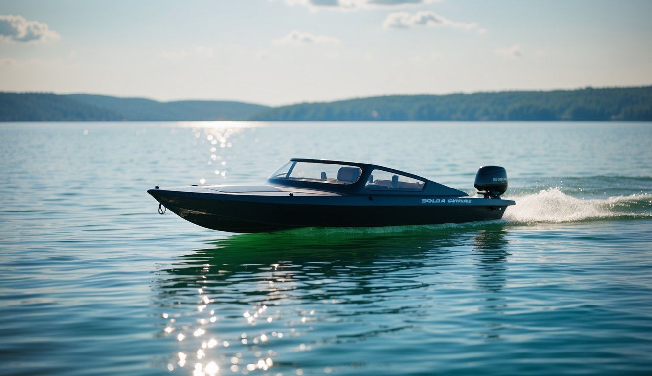 A bright, sunny day on a calm, sparkling lake. A sleek, solar-powered dinghy glides across the water, emitting zero emissions