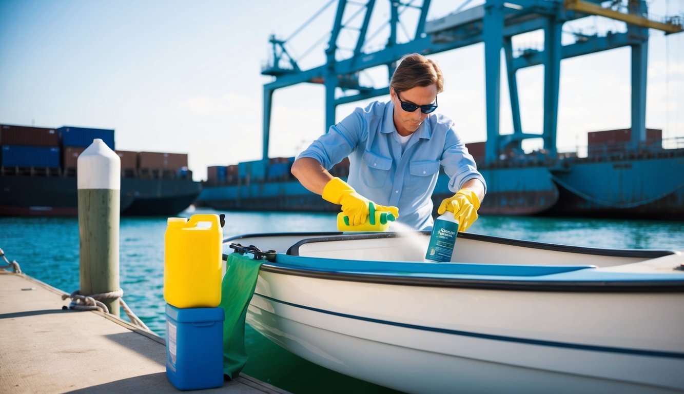 A person using eco-friendly boat cleaning products on a dinghy near a shipping dock