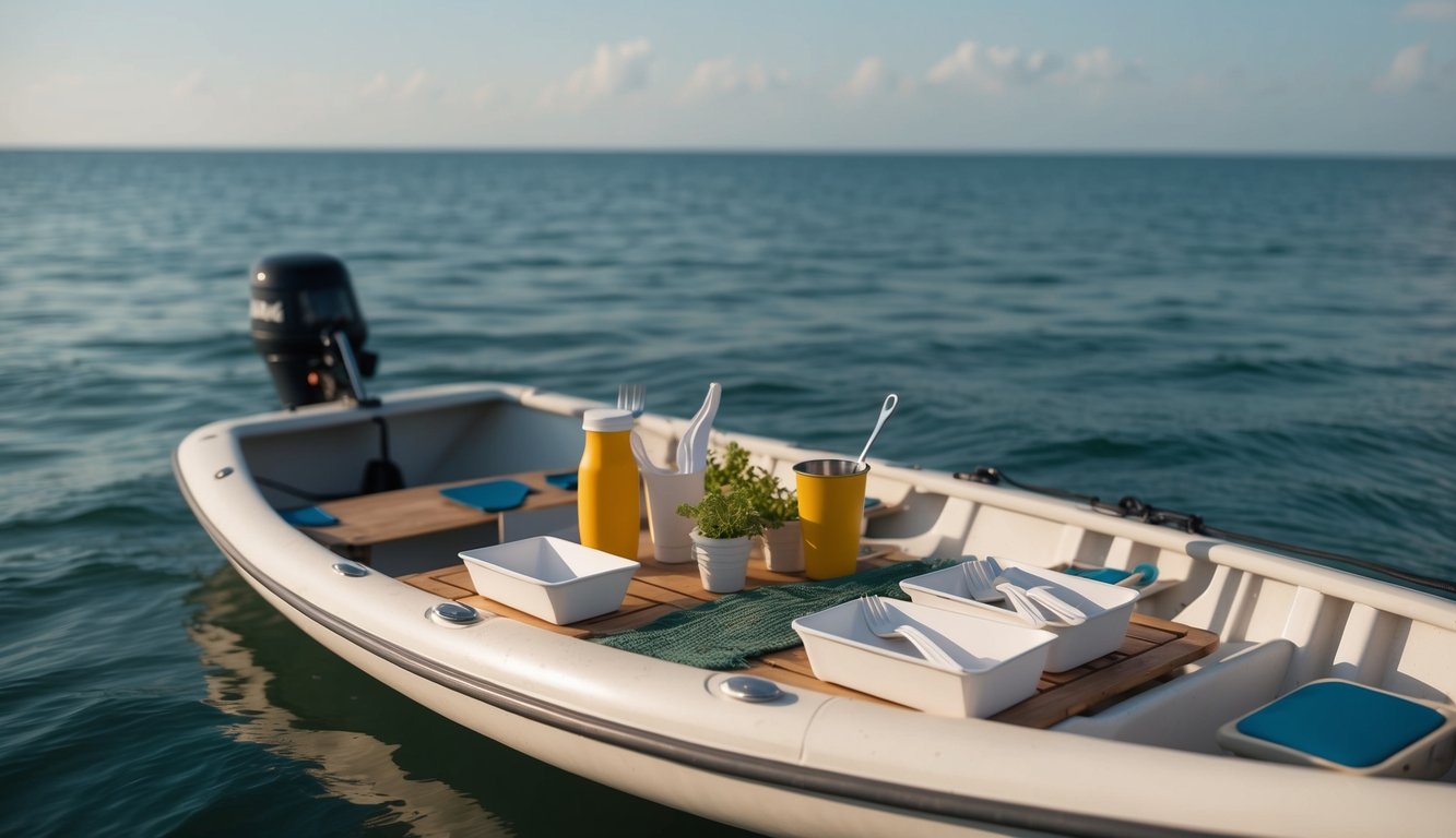 A dinghy on a calm sea, with compostable food packaging and eco-friendly utensils laid out on a table for onboard catering